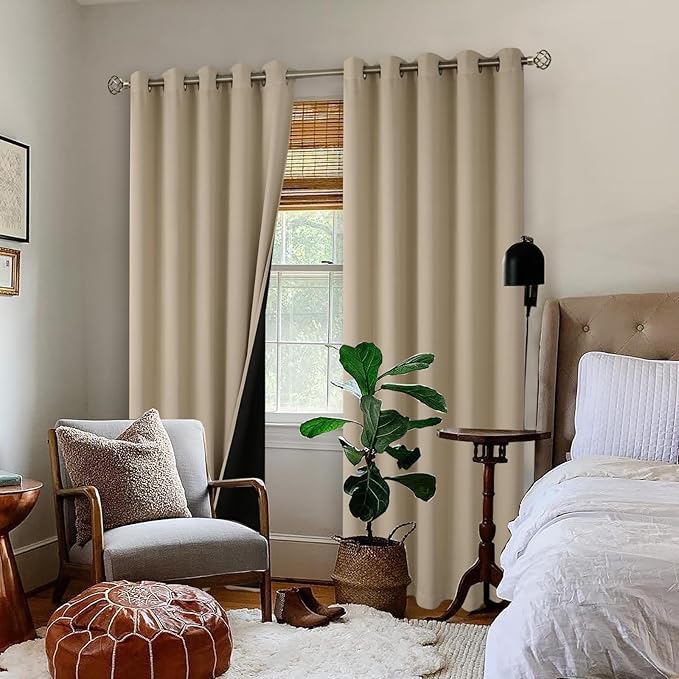 BGment Thermal Insulated 100% Blackout Curtains for Bedroom with Black Liner, Double Layer Full Room Darkening Noise Reducing Grommet Curtain (60 x 84 Inch, Sand, 2 Panels)