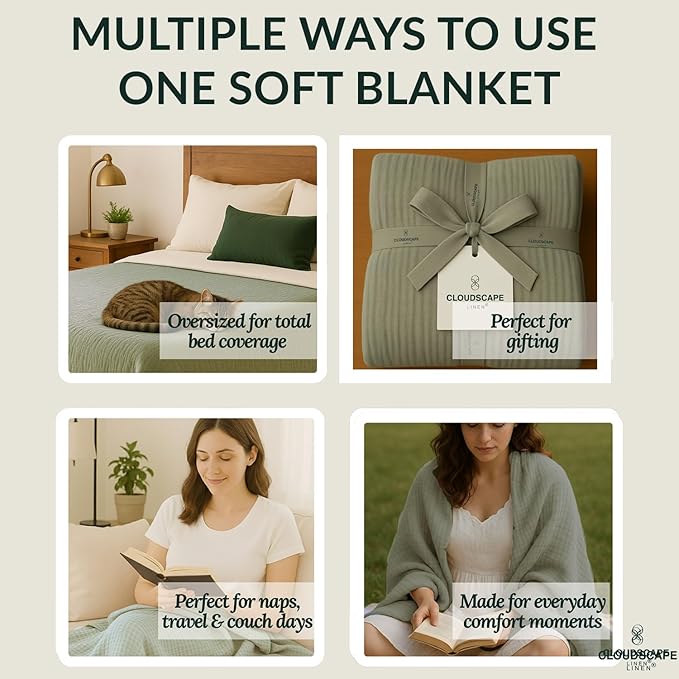 Cloud Scape Linen 8-Layer Muslin Blanket King Size for Adult - 100% Cotton, Breathable and Soft, Perfect Winter Cozy Blanket, Fits up to California King Bed, 92x108, Sage Green