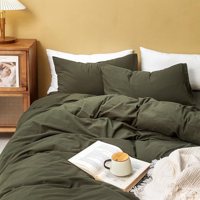 FOSSA Duvet Cover Set 100% Washed Cotton Linen Feel Super Soft Breathable Cozy 3 Pieces Bedding Sets Solid Olive Green King