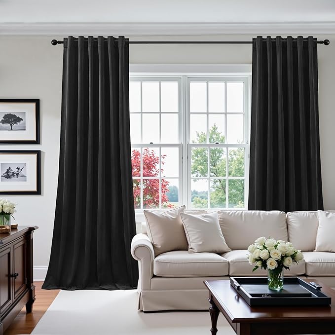 Black Velvet Blackout Curtains Extra Long Room Darkening Drapes Super Soft Elegant Thermal Insulated Soundproof Window Curtains for Bedroom Living Room, Back Tab Rod Pocket, W52 x L108, 2 Panels