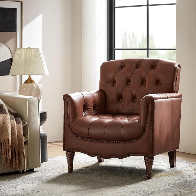 HULALA HOME Mid Century Modern Leather Club Chairs, Top-Grain Genuine Leather Armchairs with Button-Tufted Back & Solid Wood Legs, Accent Chairs for Living Room/Bedroom/Home Office, Brown