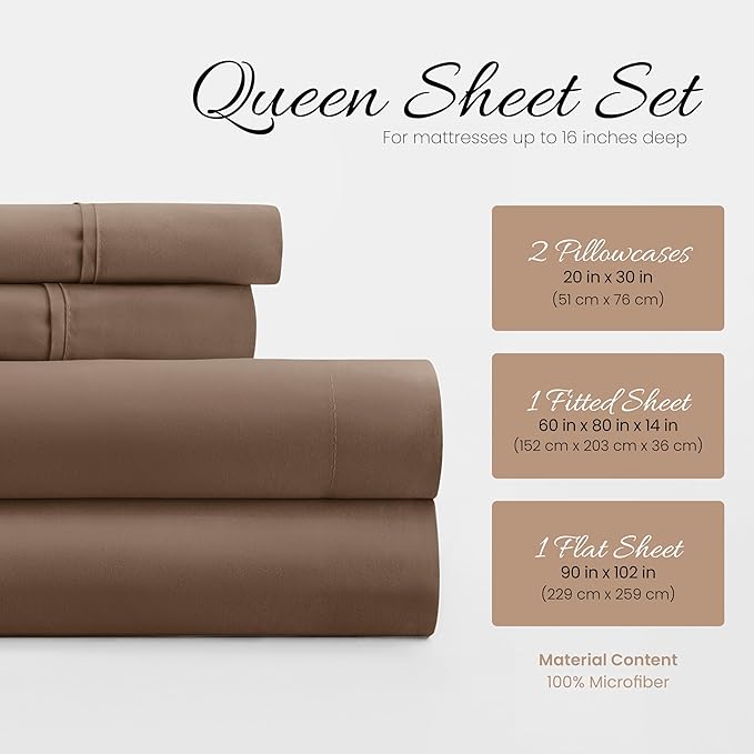 Linen Market Brushed Microfiber Queen Sheet Set 4 Piece – Oeko-TEX Certified Ultra Soft & Wrinkle-Free - 16" Deep Pocket Sheets - Easy Care Queen Size - Taupe