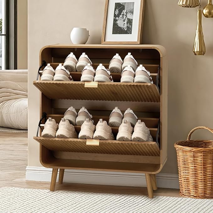 31.5" Fluted Shoe Cabinet with 2 Flip Drawers, Slim Freestanding Shoe Cabinet Organizer, Narrow Shoes Storage Rack for Entryway, 4 Sturdy Legs (Walnut)