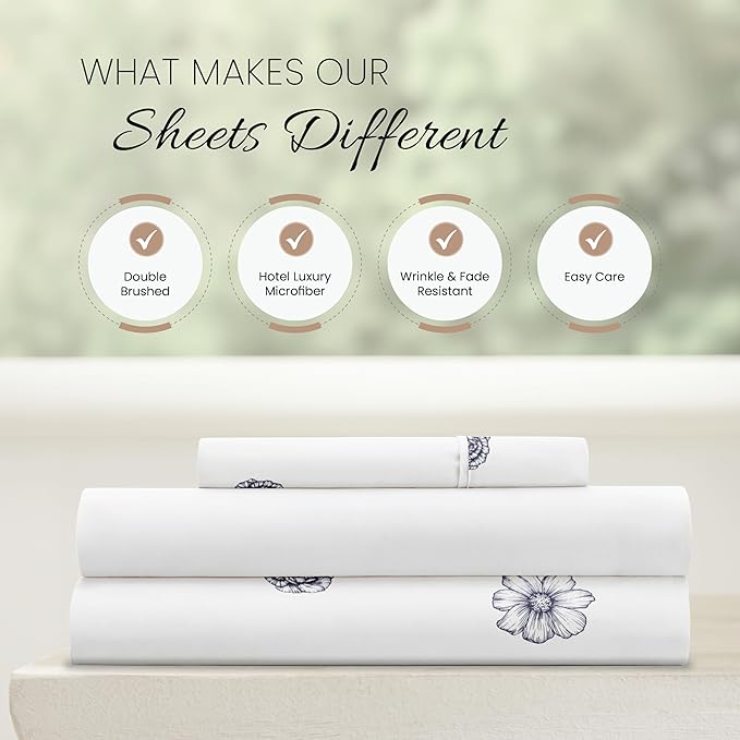 Linen Market Double-Brushed Patterned Microfiber Twin Sheet Set 3 Piece – Oeko-TEX Certified Ultra Soft & Wrinkle-Free - 16" Deep Pocket Sheets - Easy Care Twin Size - Indigo Flowers Navy