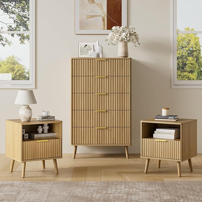 LYNSOM Fluted Dresser and Nightstand Sets 3 Piece, 5-Drawers Dresser and 1-Drawer Nightstands Set of 2, Wood Bedroom Furniture Set for Home, Bedroom, Hallway, Oak