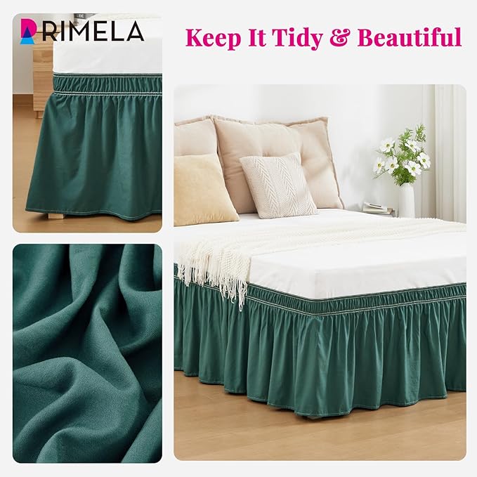 RIMELA Emerald Green Bed Skirt Queen Size 15 Inch Drop, Wrap Around Elastic Bedskirt, Dust Ruffle for Adjustable Bed Base Machine Washable Easy to Install Bed Skirts