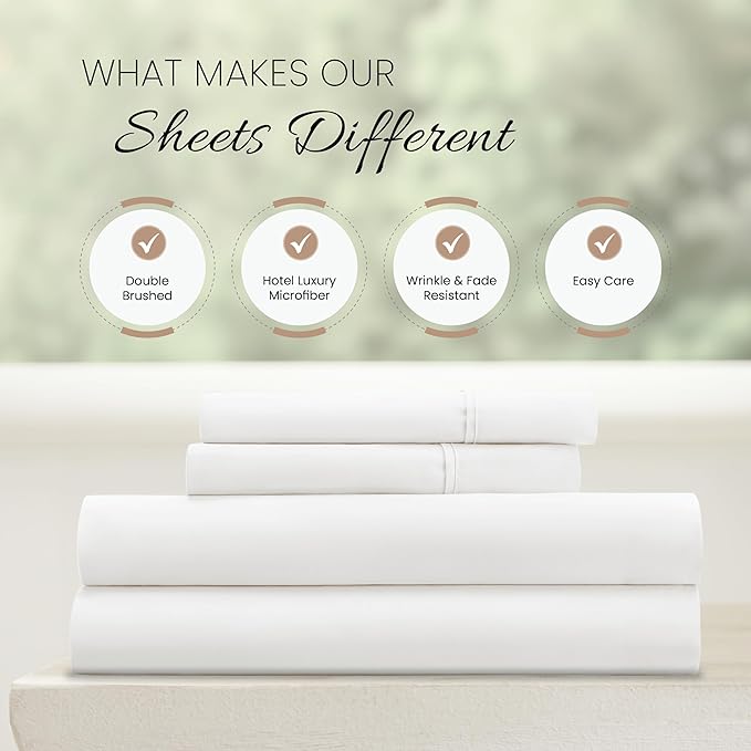 Linen Market Brushed Microfiber King Sheet Set 4 Piece – Oeko-TEX Certified Ultra Soft & Wrinkle-Free - 16" Deep Pocket Sheets - Easy Care King Size - White