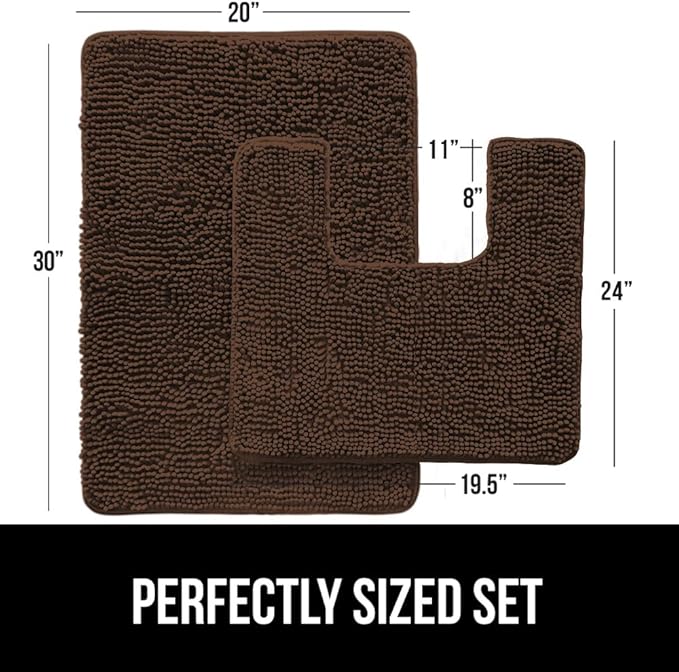 GORILLA GRIP Bathroom Rug Sets, Soft Chenille 2 Piece Area Rugs Set, Toilet Base Mat and 30x20 Carpet, Absorbent Microfiber Washable Mats Dry Quickly, Home Décor and Bath Room Accessories, Brown