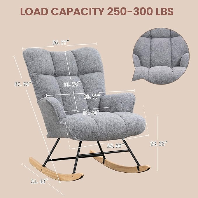 Rocking Chair Nursery Teddy Upholstered Glider Rocker Rocking Accent Chair Padded Seat with High Backrest Armchair Comfy Side Chair for Living Room Bedroom Offices (Darkgrey Teddy)