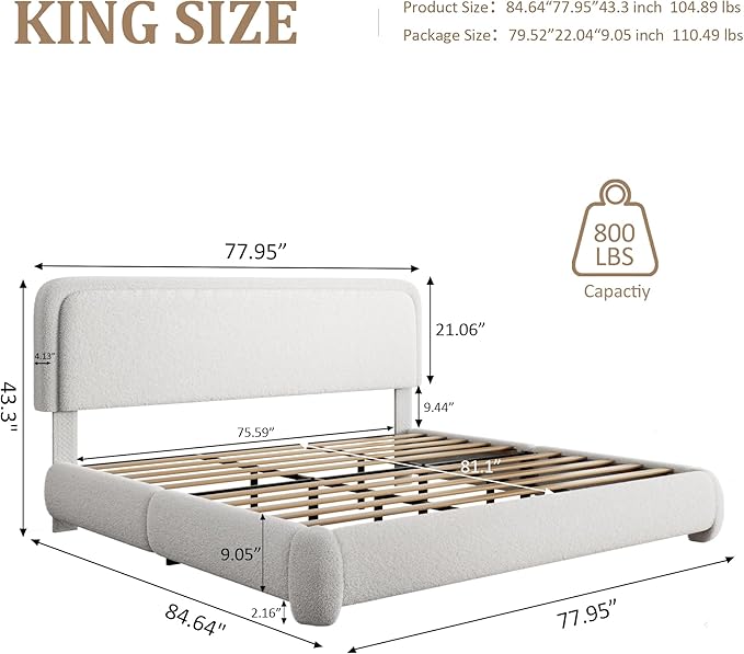 King Size Boucle Bed Frame, Upholstered Cloud Platform Bed Frame with Headboard, Anti-Collision Soft Rounded Corners, No Box Spring Required, Easy Assembly, Noise Free, Adjustable Headboard