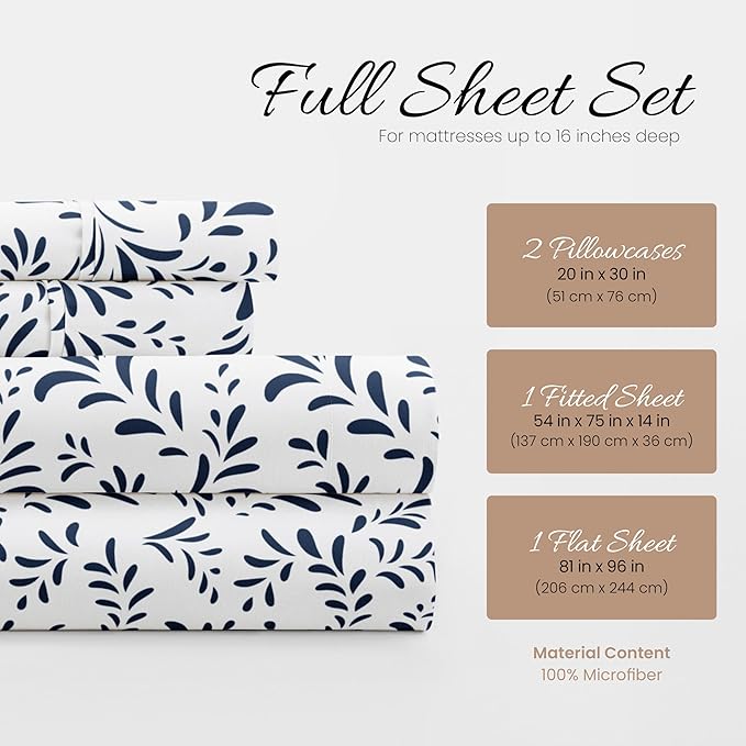 Linen Market Double-Brushed Patterned Microfiber Full Sheet Set 4 Piece – Oeko-TEX Certified Ultra Soft & Wrinkle-Free - 16" Deep Pocket Sheets - Easy Care Full Size - Burst of Vines Navy
