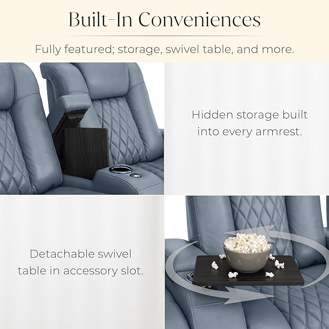 Seatcraft Diamante Zero-Gravity CoolZero Italian Leather Home Theater Seating, Power Headrest, Power Recline, Row of 5 Right Loveseat, Smokey Blue