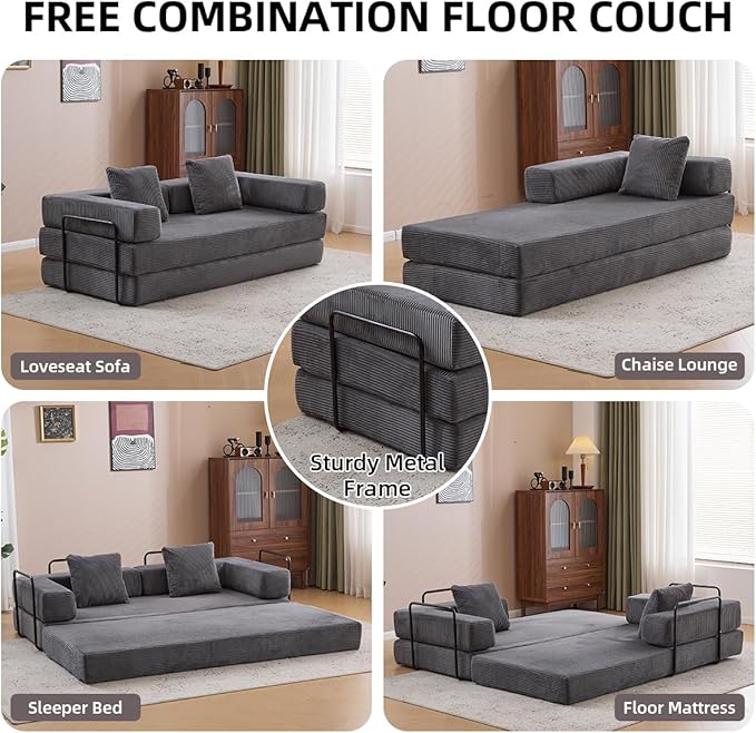 4-in-1 Convertible Folding Sleeper Sofa Bed, Fold Out Floor Sofa Couch with Fixed-Shape Frame, Cloud Corduroy Foldable Mattress Couch for Living Room Bedroom (78.5" Corduroy, Dark Grey)