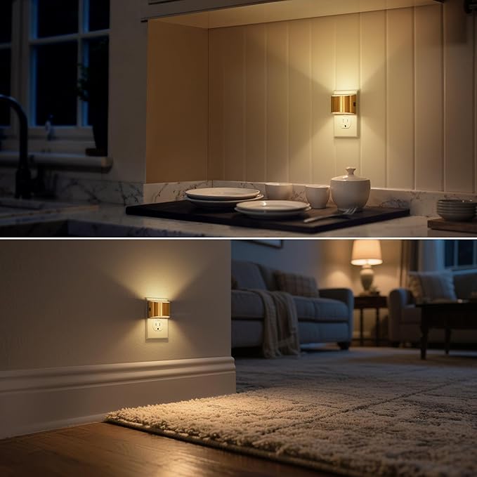 DORESshop LED Night Light[2 Pack], Golden Night Lights Plug into Wall, 3 Level Brightness Adjustable Plug in Night Light, Dusk to Dawn Sensor, Nightlights for Adults, Bedroom, Bathroom, Hallway, 3000K