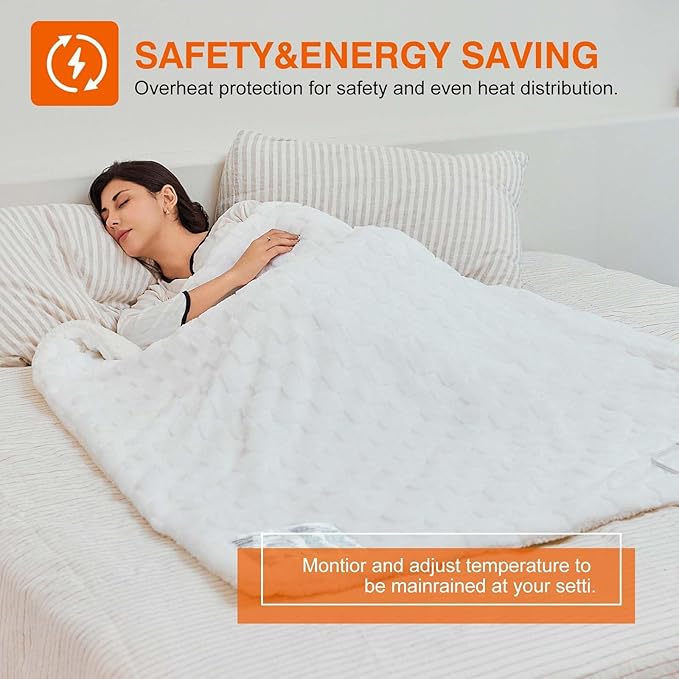 Electric Blanket Dual Control, Heated Blanket Flannel with 6 Heat Levels, 10 Time Settings, Soft Thicken Heating Blanket with ETL Certification (White, 90"X100")