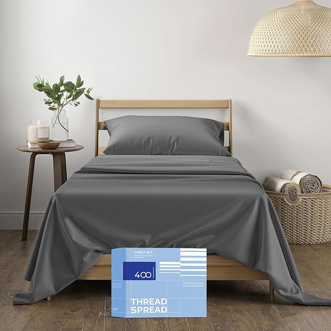 THREAD SPREAD 100% Cotton Sheets Twin Size - 400 Thread Count Cotton Bed Sheets Twin, 3 PC Set (Dark Grey), Luxury Soft, Breathable, Cooling, Sateen Weave 16" Deep Pocket Bedsheet for Dorm Rooms