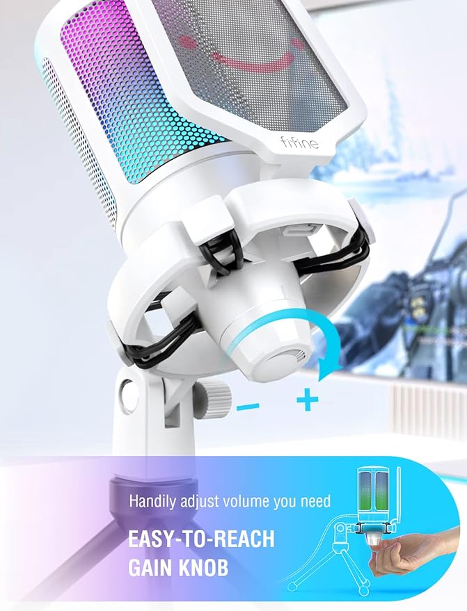 FIFINE AmpliGame USB Microphone, PC Gaming Recording Desktop Laptop Mic, RGB Streaming Podcasting Condenser Mic for Online Game, Vocal, with Mute Button, Gain Knob, Tripod Stand-A6V White