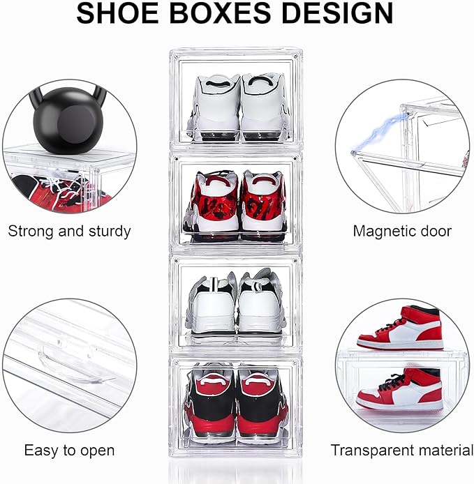 6 Pack Acrylic Shoe Boxes, Ultra Clear Shoe Boxes Stackable, Shoe Storage Box Sneaker Storage for Sneakerhead, Foldable Shoe Organizer with Magnetic Door, Professional Shoe Display Fits US Size 15