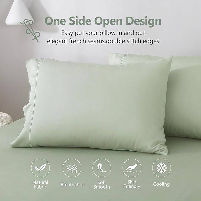 Linen World Cooling Bed Sheets Set Twin Size,100% Organically Grown Viscose Sheets,Deep Pocket Up to 16",3 Pieces Silky Soft,Breathable Bedding Sheets & Pillowcases(Sage,Twin)