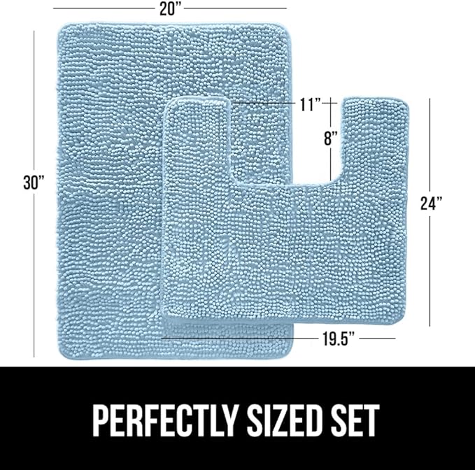 GORILLA GRIP Bathroom Rug Sets, Soft Chenille 2 Piece Area Rugs Set, Toilet Base Mat and 30x20 Carpet, Absorbent Microfiber Washable Mats Dry Quickly, Home Décor and Bath Room Accessories, Sky
