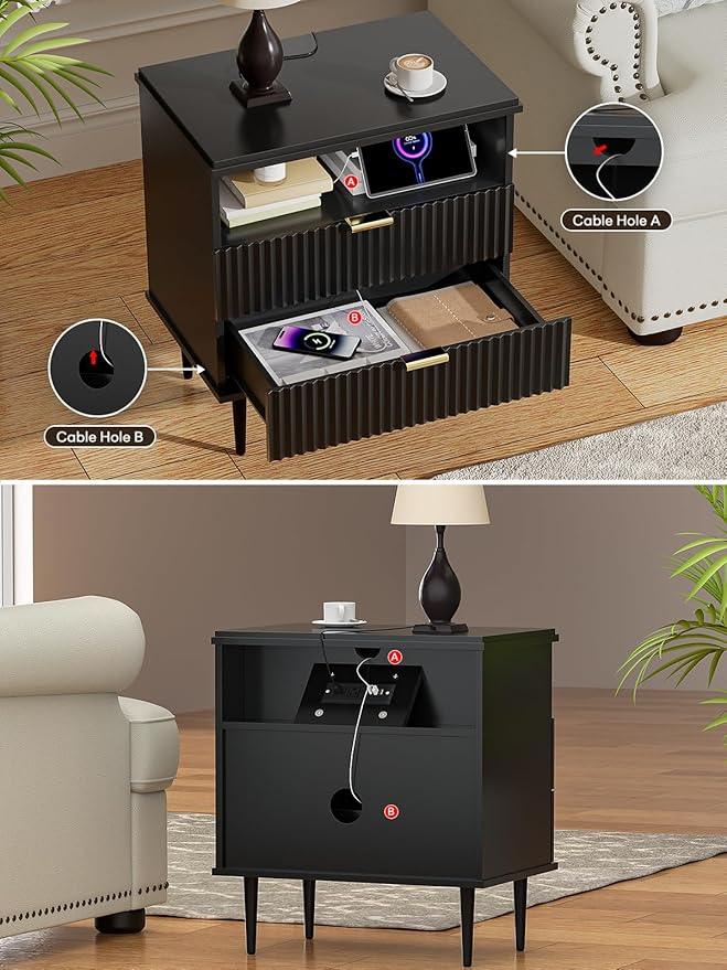 Nightstand with Charging Station, Wide Fluted Nightstand, Wood for Bedroom, Black Dresser with Storage Drawers, Bedside Table with Metal Handle & Leg (Black Set of 2, 23.3)
