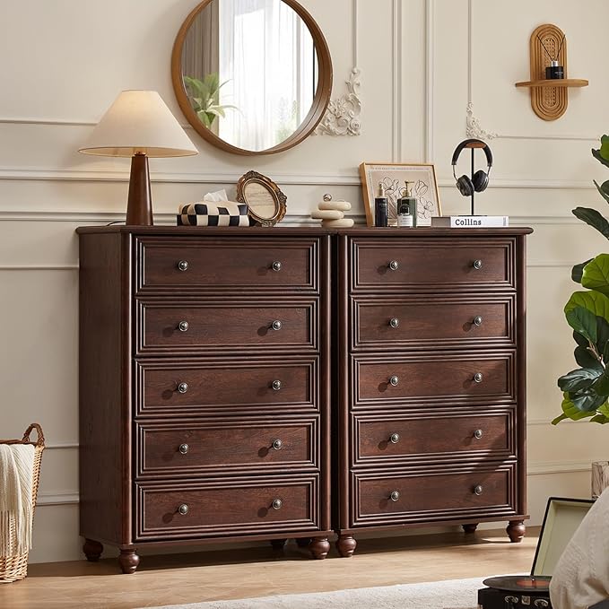 Farmhouse 5 Drawers Dresser for Bedroom, Wood 45" Tall Chest of Drawers, Dresser Rustic Storage Dressers Organizer with Metal Handle Closet for Living Room, Hallway Entryway(Walnut)