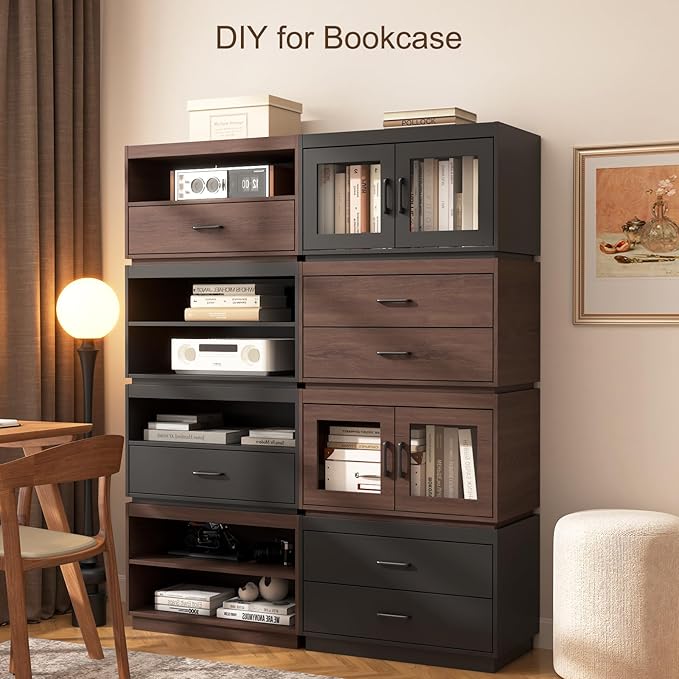 Stackable Storage with 2 Drawers, 28" Wide Storage Bins for Closet Organizers, Wood Stackable Closet Organizer Modern Large Stackable Storage Units for Living Room Hallway Bedroom, Black