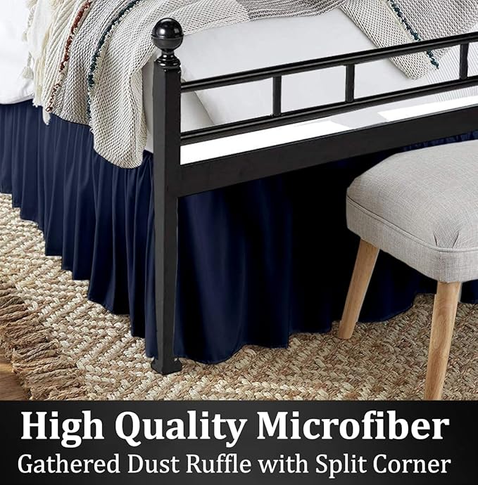 Ruffled Bed Skirt with Split Corners, Navy Blue, King 18 Inch Drop Bedskirt, Hotel Quality Brushed Microfiber Wrinkle Free Dust Ruffle Bed Skirt King Size