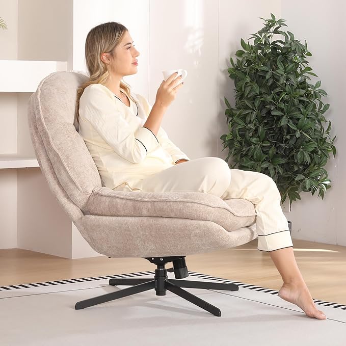 360°Free Swivel Accent Chair Set of 2 for Living Room, Slightly 20°Rocking, 24" High Backrest Upholstered Armchair, Ergonomic Design, Chenille Breathable Soft Fabric Modern Single Sofa, Beige
