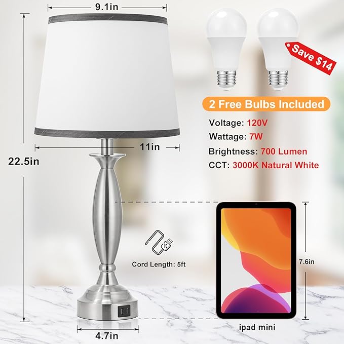 Seealle Lamps for Bedrooms Set of 2 - Touch Bedside Lamp with USB C+A, 3 Way Dimmable Nightstand Lamps with USB Port, Wood Table Lamp for Living Room Guest Room Bed Side End Table(Bulbs Included)