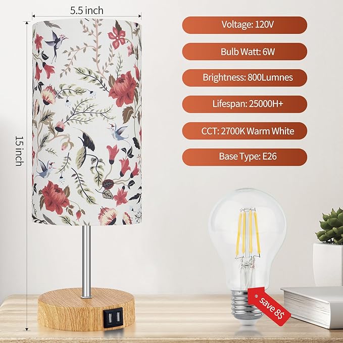Bedside Touch Lamp, Wood Small Table lamp with 2 USB Charging Ports & Flower Fabric Shade, 3-Way Dimmable Nightstand Lamps for Living Room Bedroom Office Reading Desk Home Dorm(LED Bulb Included)