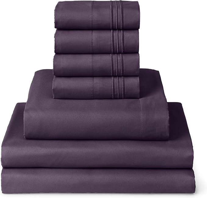 Mellanni Split King Sheet Set - 7-Piece Iconic Collection Bedding, (Including 4 Pillowcases), 16-Inch Deep Pocket, Easy Care, Extra Soft, Cooling Sheets, Brushed Microfiber - Purple