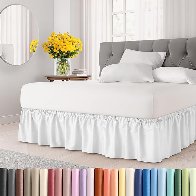 Wrap Around Dust Ruffle Bed Skirt - White - for Queen Size Beds w/ 14 Inch Drop - Easy Fit Elastic Strap - Adjustable Pleated Bedskirt w/Brushed Fabric, Wrinkle & Fade Free Women, Men, Kids & Teens