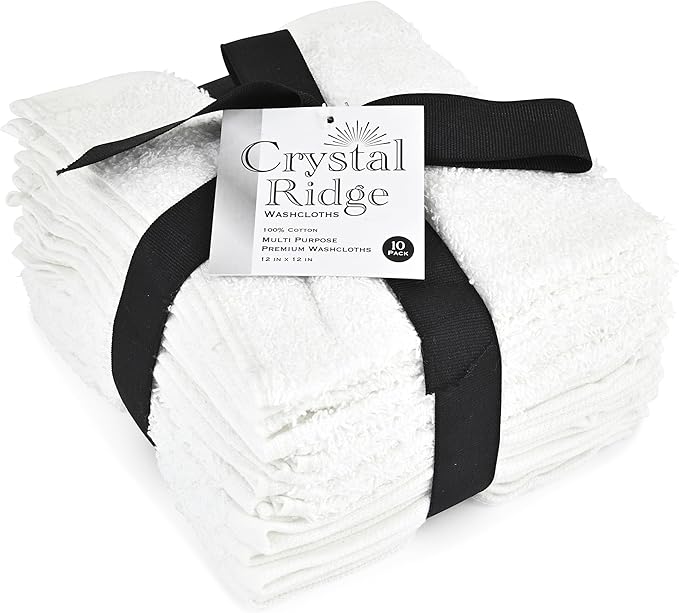 Crystal Ridge Cotton Wash Cloths 10 Pack - Washcloths for Showering, Face and Body, Soft and Highly Absorbent Multipurpose Towels for Bathroom, Kitchen, Spa and Gym - Wash Rags 12 x12 (White)
