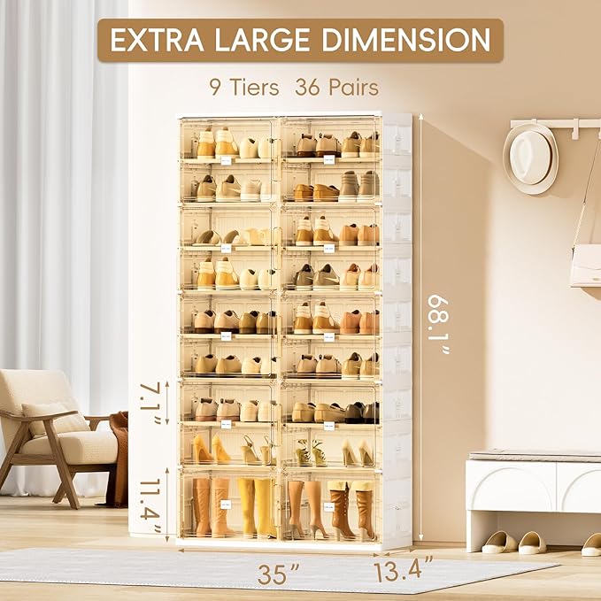 JEKO&JEKO 9 Tiers Foldable Boot and Shoe Storage Rack Cabinet for Closet Entryway, Large Collapsible Shoe Organizer with Magnetic Doors (White)