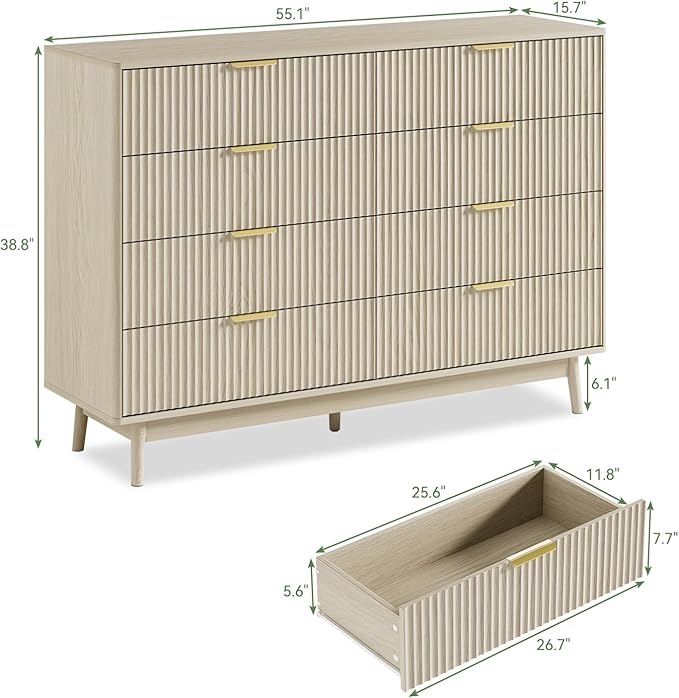 LYNSOM Fluted 8 Drawer Dresser for Bedroom, 55" Wide Modern Chest of Drawers with Curved Profile Design and Metal Handles, Wood Dresser TV Stand & Storage Organizer for Bedroom, Hallway, Beige