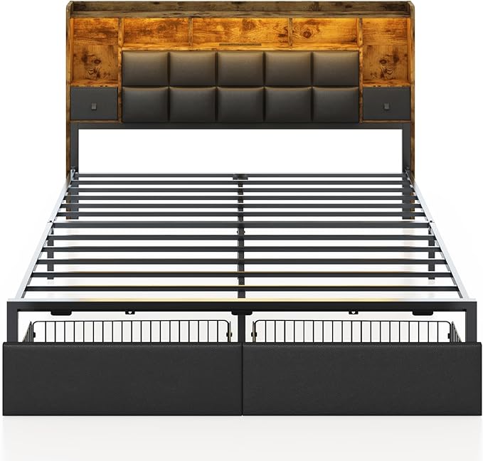 LED Bed Frame King Size with Bookshelf PU Leather Headboard, 2 Hidden Storage Drawers, Upholstered Platform Bed with Charging Station, Metal Slats Support, Noise Free, No Box Spring Needed
