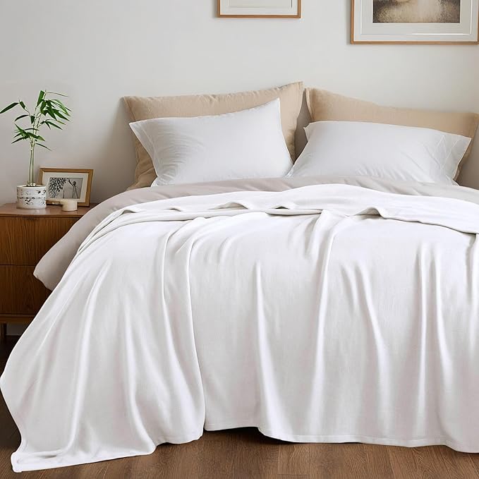 Queen Size Blanket, 70% Rayon (Derived from Bamboo) and 30% Cotton, Lightweight Jacquard Weave, Breathable and Soft Summer Blanket for Bed or Couch, 90” x 90”, White