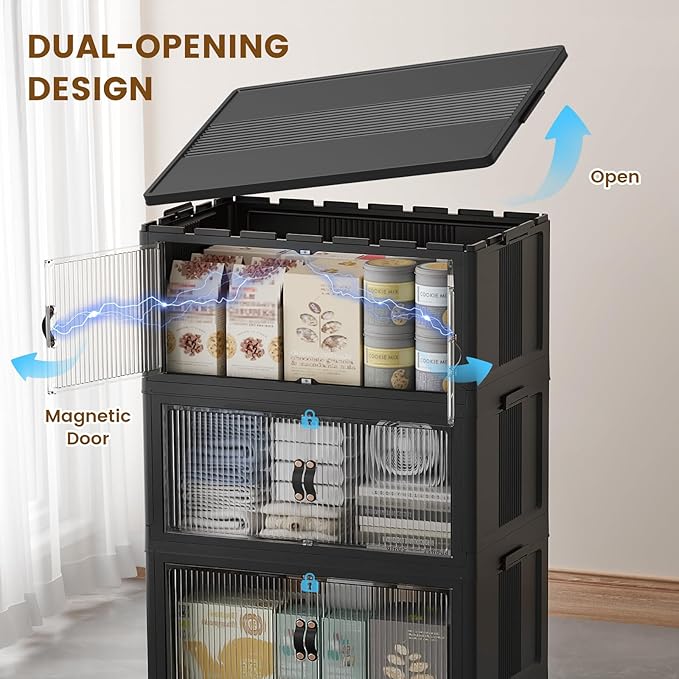 SAILUN 44Gal/175Qt Stackable Storage Bins Folding Collapsible Storage Bins with Lid, Closet Organizers and Storage Box with Door Black 18" W x 11" D x 51" H