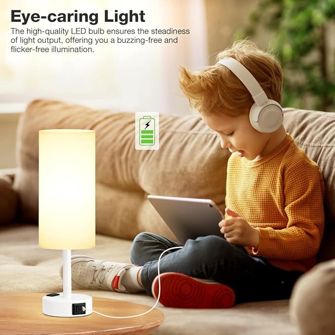 Fenmzee Matte White Bedside Table Lamp for Bedroom - 3 Way Dimmable Touch Lamp USB C Charging Ports and AC Outlet, Small Lamp Round Flaxen Fabric Shade for Living Room, Desk, LED Bulb Included