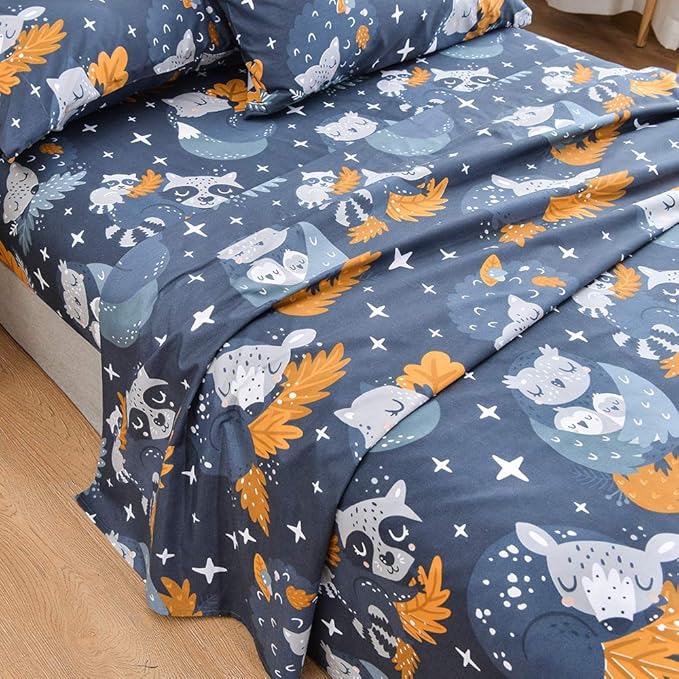 JSD Navy Blue Owl Kids Sheet Set Full Size, 4 Piece Forest Animals Printed Microfiber Bed Sheets Deep Pocket