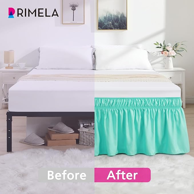 RIMELA Spa Blue Bed Skirt King Size 15 Inch Drop, Elastic Bed Skirting for Bed Base and Frame, Bedding Dust Ruffle Easy to Install, Lightweight Wrap Around Adjustable Bedskirt
