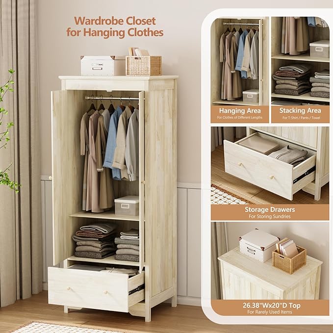 VINGLI Solid Wood Wardrobe Closet, Unfinished Natural Rubber Wood Armoire Color DIY, Wooden Wardrobe Closet with Doors and Drawers, Real Wooden Armoire for Hanging Clothes