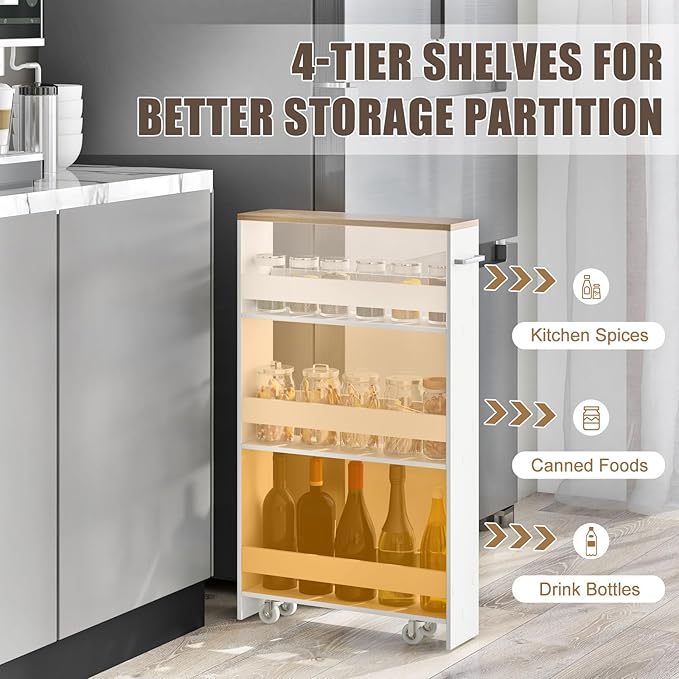 Giantex Slim Storage Cart 4 Tier, Rolling Side Cabinet w/Handle, Space Saving, Kitchen Utility Cart Tower Rack for Laundry Narrow Places (White & Brown)