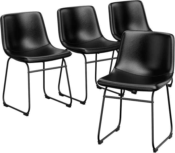 Dining Chairs Set of 4, 18 Inch Faux Leather Kitchen Dining Chairs with Back, Modern Armless Dining Room Chair with Metal Legs for Home Bistro Coffee Shops (Black)