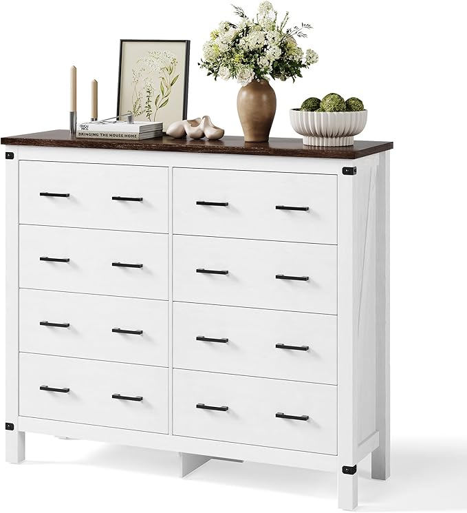 LINSY HOME Farmhouse 8 Drawer Double Dresser for Bedroom, 50” Wide Rustic Wood Chest with Deep Drawers, Modern Dressers with Storage and Metal Handles for Closet, Living Room, Hallway, Off White