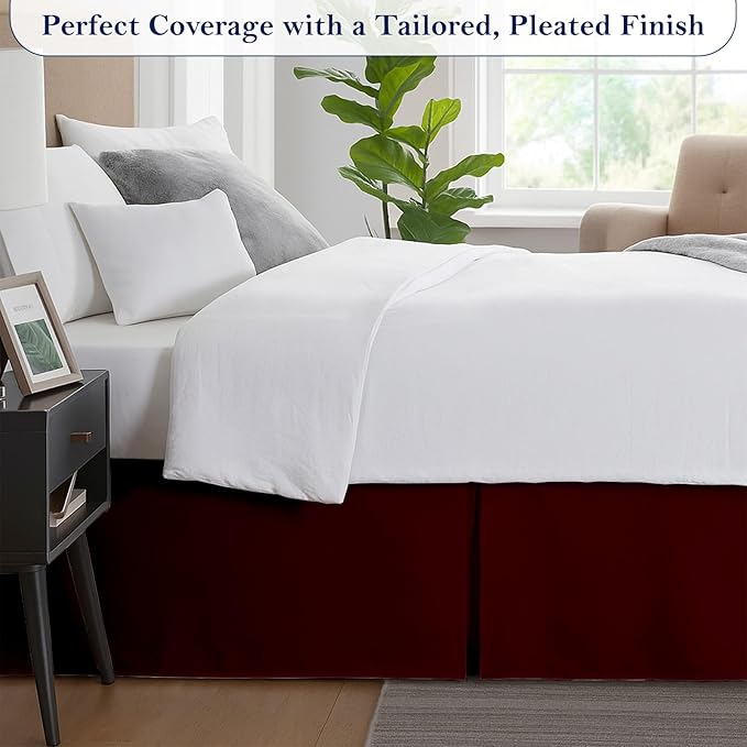 Queen Bed Skirt, Luxury 18 Inch Drop Burgundy Pleated Bed Skirt, Double Brushed Microfiber, Box Pleat Design, Wrinkle & Fade Resistant, Easy Fit Tailored Bedskirt for Queen Size Beds