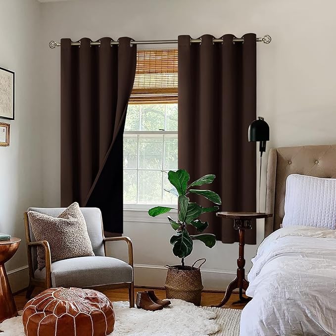 BGment Thermal Insulated 100% Blackout Curtains for Bedroom with Black Liner, Double Layer Full Room Darkening Noise Reducing Grommet Curtain (52 x 63 Inch, Brown, 2 Panels)