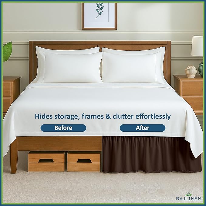 Rajlinen Ruffled Bed Skirt California King, 14 Inch Drop Dust Ruffle with Split Corners, 100% Microfiber Bedskirt with Platform, Three-Sided Coverage Ruffled Gathering Design, Chocolate