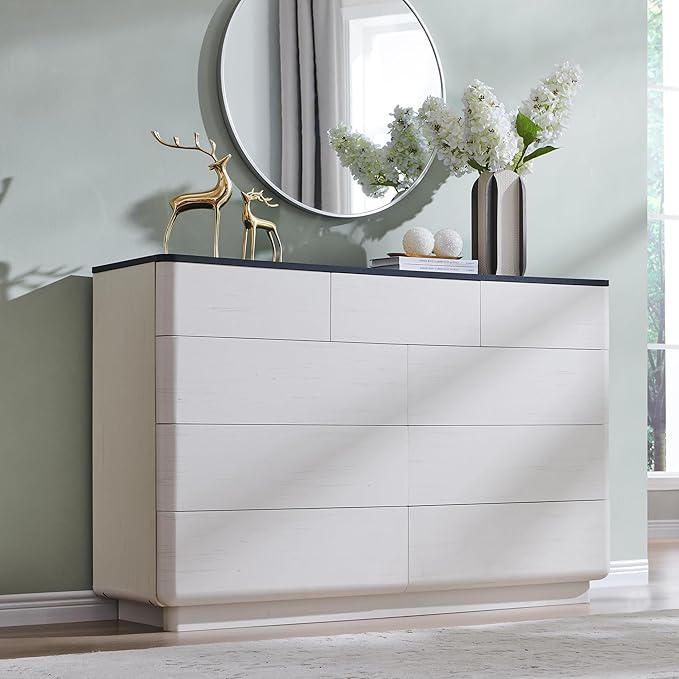 ACCOHOHO Modern 9 Drawer Dresser for Bedroom, 52" Wide Wooden Dressers with Large Storage,Handleless Chest of Drawers TV Stand for Living Room & Hallway, Curved Profile Design, White